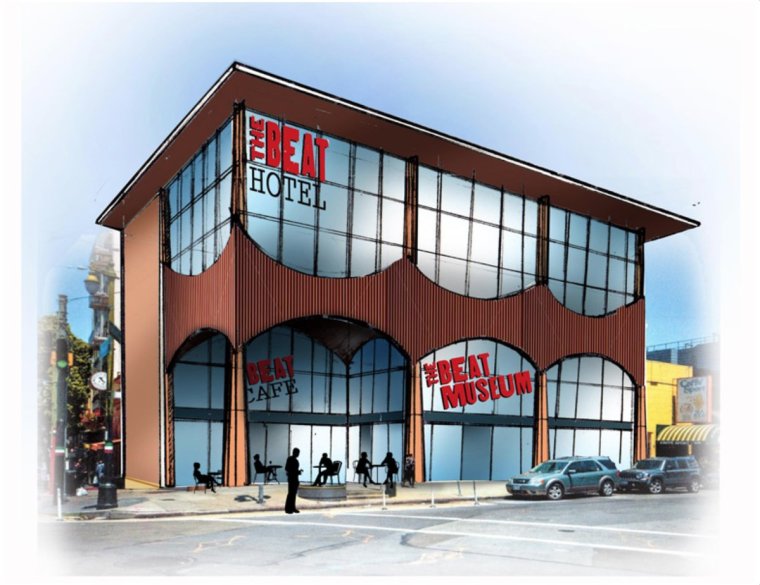 Our long-term vision for 580 Green includes an additional two floors, an expanded Beat Museum, a cafe, and a Beat Hotel. (Concept drawing by Michael Palumbo) (c) The Beat Museum/Michael Palumbo